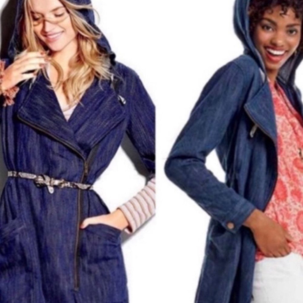 Cabi Love Carol Collection denim, asymetrical zip, hooded anorak jacket …